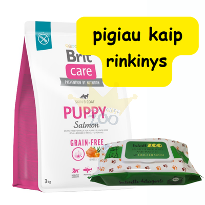 BRIT CARE Dog Grain-free Puppy Salmon 3kg + priežiūros servetėlės 50vnt (chlorheksidinas)