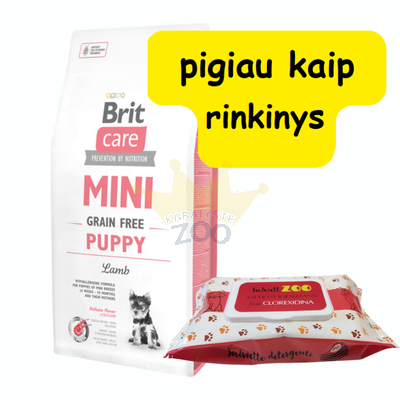 BRIT CARE Mini Grain-Free Puppy Lamb 2kg + priežiūros servetėlės 50vnt (chlorheksidinas)