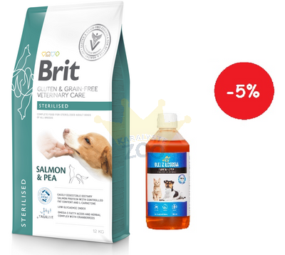 BRIT GF Veterinary Diets Dog Sterilised 12kg + LAB V Lašišų aliejus šunims ir katėms 500ml
