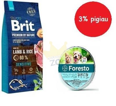 BRIT Premium By Nature Sensitive Lamb 15kg+Foresto Antkaklis šunims virš 8kg
