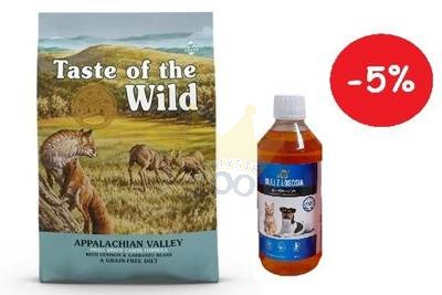 Taste of the Wild Appalachian Valley Small Breed 12,2kg + LAB V Lašišų aliejus šunims ir katėms 500ml