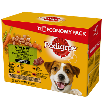 PEDIGREE Adult paketėlis 12x100g - drėgnas šunų maistas su padažu (vištiena, jautiena, kalakutiena, ėriena)