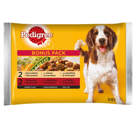 PEDIGREE Adult sachet 4x100g - drėgnas šunų maistas su padažu (su vištiena ir daržovėmis, su jautiena ir daržovėmis)